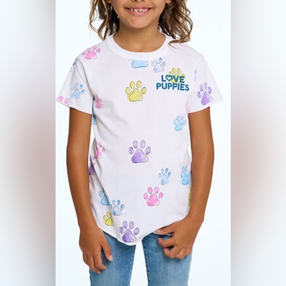 NWT Chaser Girls White Multi Color Paw Print Short Sleeve Tee Shirt - Size 6 - Picture 1 of 7